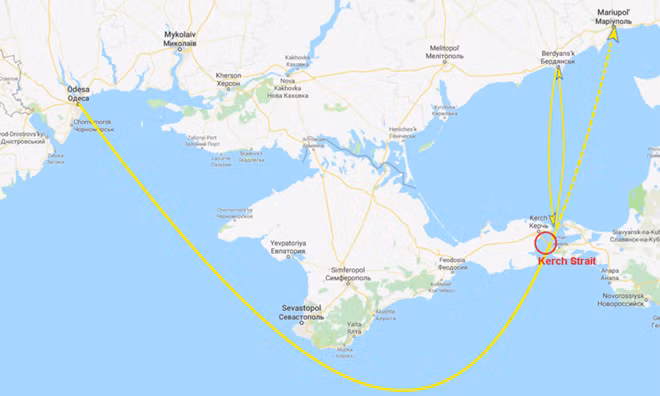 Bản đồ đường đi của nhóm 3 tàu chiến Ukraine từ cảng Odessa và 2 tàu chiến khác từ cảng Berdyansk trên biển Azov.