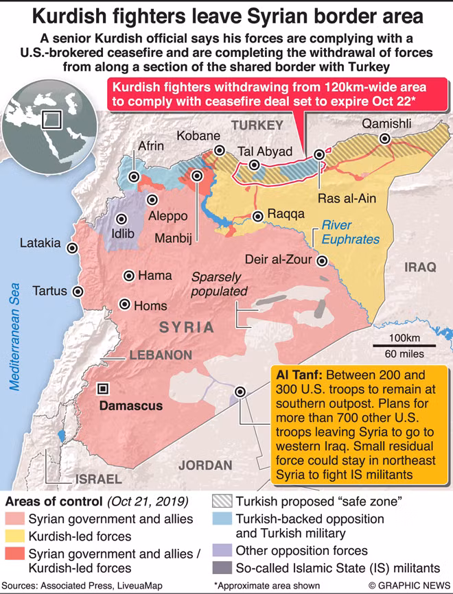 Bản đồ thể hiện tình hình Syria, với khu vực được khoanh đỏ là đề xuất của Thổ Nhĩ Kỳ về giai đoạn một của "vùng an toàn" mà nước này muốn thiết lập. Đồ họa:Graphicnews