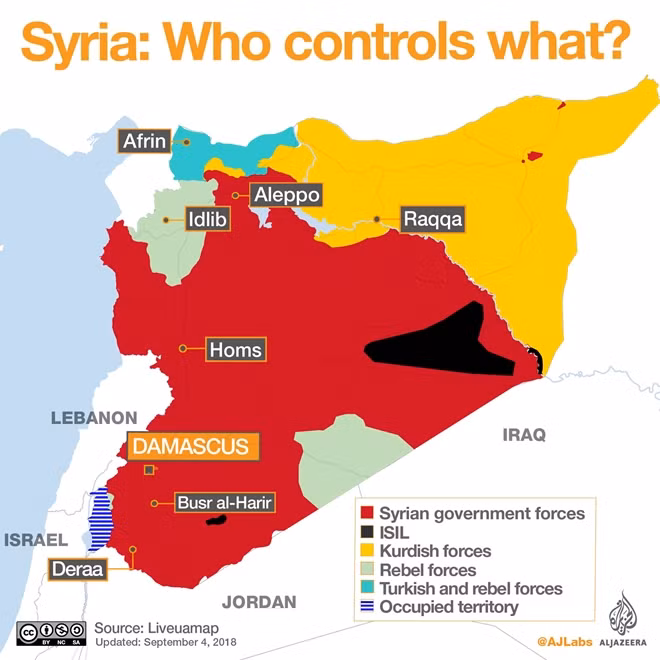 Bản đồ tình hình chiến sự ở Syria. Ảnh: Aljazeera