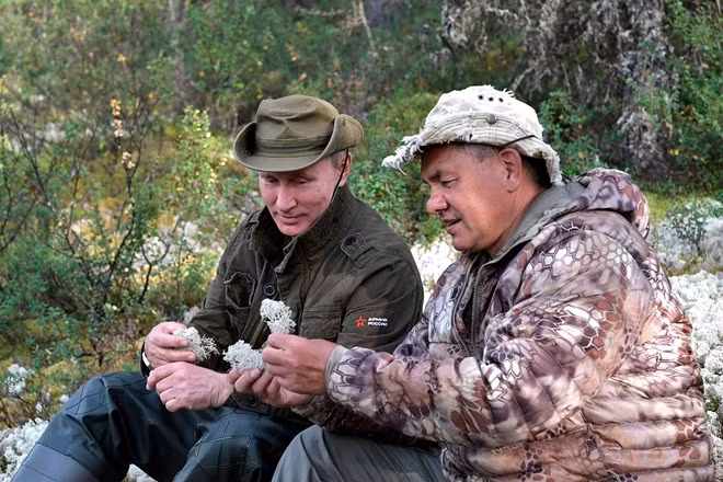 Tổng thống Putin và Bộ trưởng Quốc phòng Nga Shoigu cùng kiểm tra nấm rừng. Ảnh: RT
