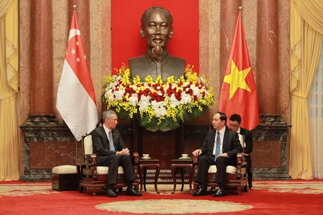 Chủ tịch nước Trần Đại Quang và Thủ tướng Lý Hiển Long tại lễ tiếp.