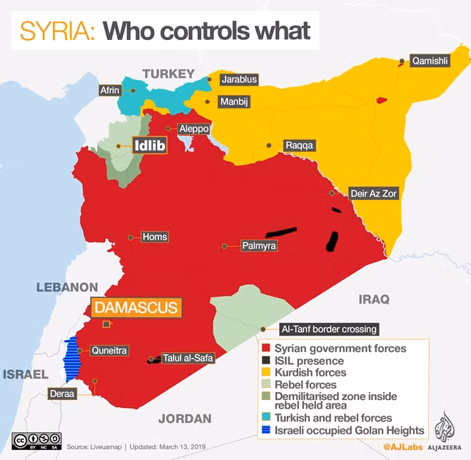 Bản đồ phân chia lãnh thổ của các phe phái ở Syria. Ảnh: Al Jazeera