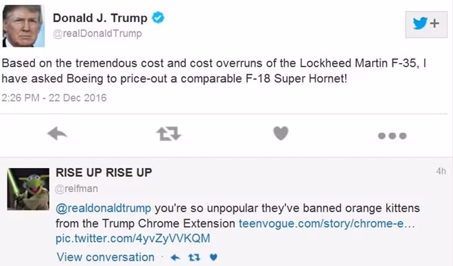Dòng chia sẻ của ông Donald Trump về F-35 hôm 22-12. (Ảnh: Twitter)