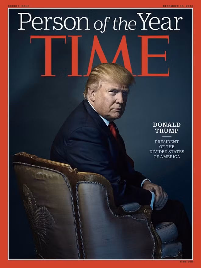 Ông Donald Trump trên bìa tạp chí Time. Tạp chí Time (Mỹ) ngày 7-12 vinh danh Tổng thống đắc cử của Mỹ Donald Trump là Nhân vật của năm 2016 vì chiến thắng bất ngờ của ông trong cuộc bầu cử vừa qua.