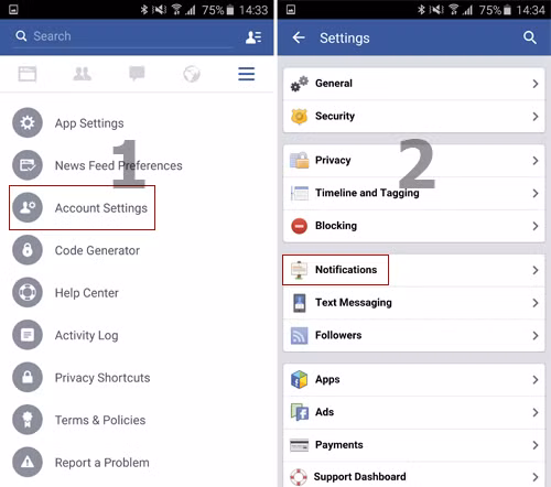 Cách làm tương tự với iPhone, cũng mở ứng dụng Facebook, chọn biểu tượng ba dấu gạch ngang ở góc trên bên phải, chọn tiếp cài đặt tài khoản Account Settings và tiếp đến chọn Notifications.