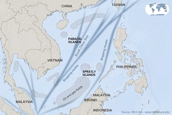 Bản đồ thể hiện vùng biển tranh chấp ở Biển Đông, nơi được đánh giá là giàu tiềm năng về dự trữ dầu mỏ. Ảnh: ABC.NET.