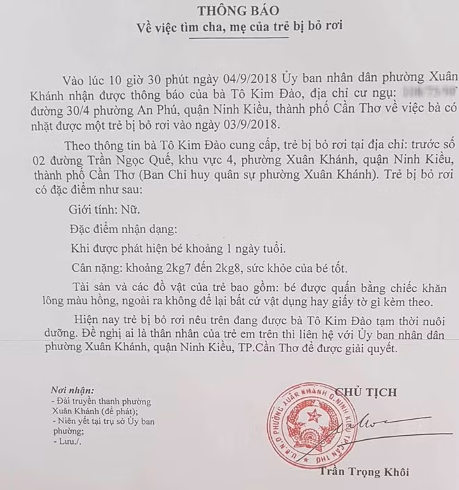 Thông báo của UBND phường Xuân Khánh.