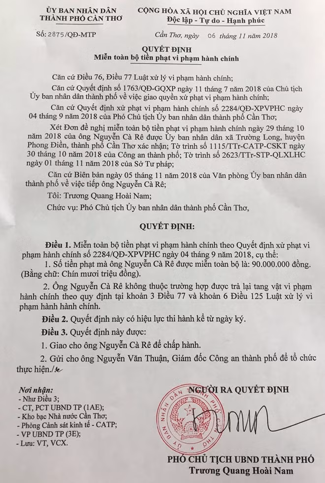 Quyết định miễn tiền phạt đối với anh Nguyễn Cà Rê.