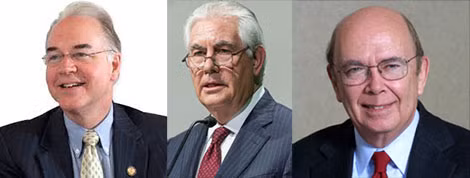 Tom Price, Rex Tillerson và tỉ phú Wilbur Ross. Tom Price, Rex Tillerson và tỉ phú Wilbur Ross.
