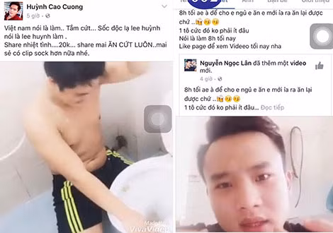 Nick Huỳnh Cao Cường và Nguyễn Ngọc Lân trong clip tắm và ăn chất bẩn khi đã đạt số lượng like. Nick Huỳnh Cao Cường và Nguyễn Ngọc Lân trong clip tắm và ăn chất bẩn khi đã đạt số lượng like.