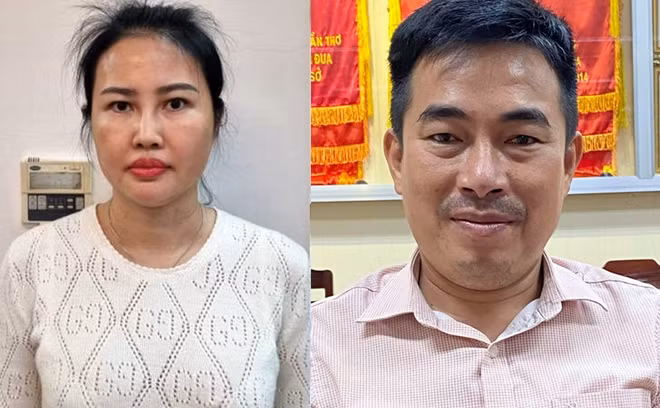 Bị can Hoàng Thị Thúy Nga và Lương Tấn Thành tại cơ quan điều tra. Ảnh: Cơ quan điều tra cung cấp.