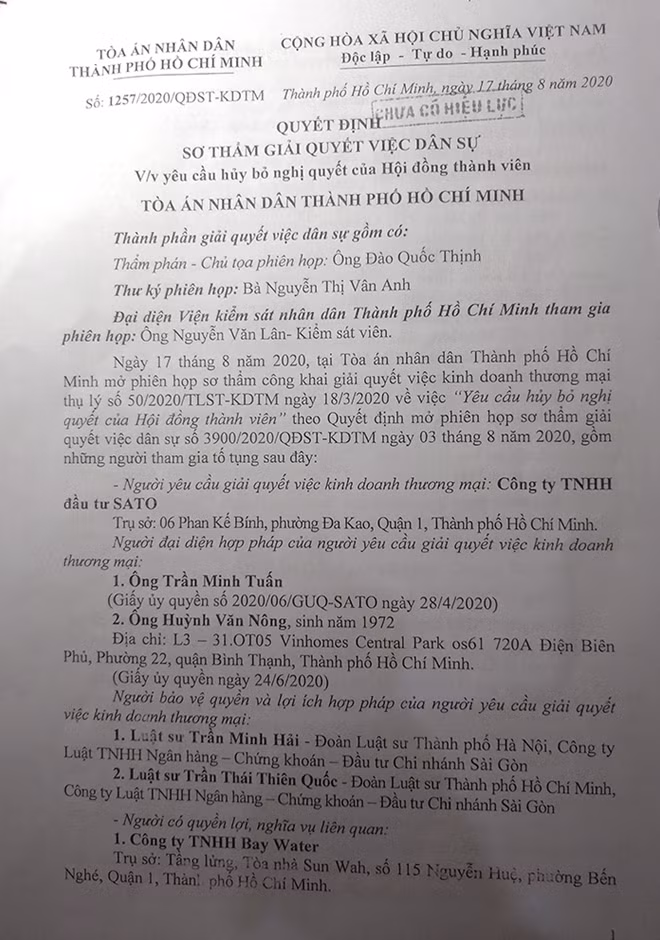 Quyết định của Tòa án nhân dân TP Hồ Chí Minh tuyên Công ty SATO thắng kiện tại phiên tòa sơ thẩm.