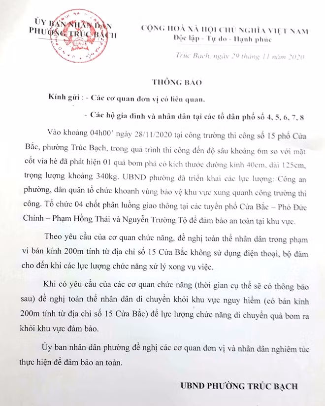 Thông báo của UBND phường Trúc Bạch gửi người dân và đơn vị liên quan.