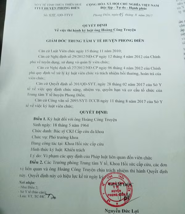 Quyết định kỷ luật bác sĩ Truyện sẽ được thu hồi.
