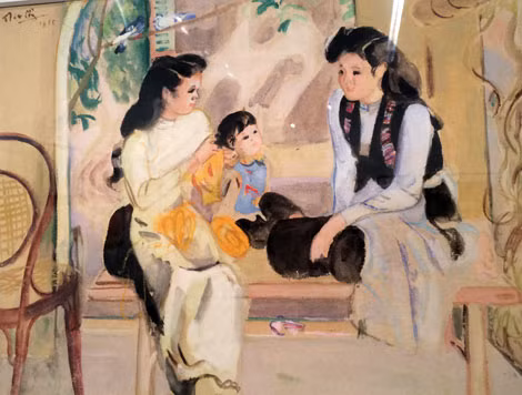 “Hai thiếu phụ và em bé”, ký họa màu nước của họa sĩ Trần Văn Cẩn. “Hai thiếu phụ và em bé”, ký họa màu nước của họa sĩ Trần Văn Cẩn.