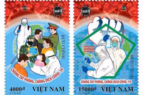 Tem ngừa Covid-19 của Họa sĩ Phạm Trung Hà. Ảnh: Guardian. Tem ngừa Covid-19 của Họa sĩ Phạm Trung Hà. Ảnh: Guardian.