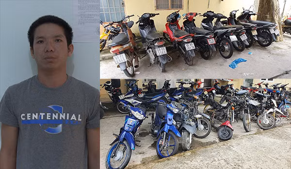 Đối tượng Trần Quang Khởi và những chiếc xe máy tang vật. Đối tượng Trần Quang Khởi và những chiếc xe máy tang vật.