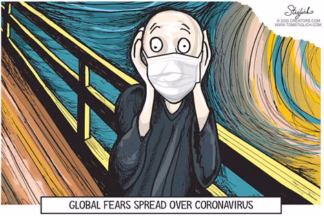 Biếm họa về nỗi sợ hãi virus Corona, phỏng theo bức tranh “Tiếng thét” của Edvard Munch. Corona có thể không phải là tác nhân giết người mạnh nhất nhưng lại phơi bày quá nhiều điểm yếu của thế giới.