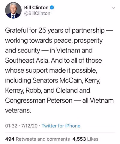 Dòng tweet của cựu Tổng thống Bill Clinton về 25 năm bình thường hóa quan hệ Việt – Mỹ.