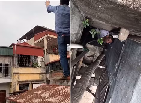 Trung tá Bùi Mạnh Cường đứng trên nóc nhà khuyên nhủ đối tượng; Mai Quốc Nam trốn trong khe hẹp tầng 3 của một ngôi nhà (ảnh cắt từ clip của Trung tá Bùi Mạnh Cường quay từ tầng 5). Trung tá Bùi Mạnh Cường đứng trên nóc nhà khuyên nhủ đối tượng; Mai Quốc Nam trốn trong khe hẹp tầng 3 của một ngôi nhà (ảnh cắt từ clip của Trung tá Bùi Mạnh Cường quay từ tầng 5).