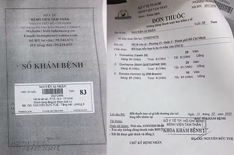 Sổ khám bệnh và toa thuốc do Bệnh viện Tâm thần TP. Hồ Chí Minh cấp cho Nguyễn Ái Nhân.