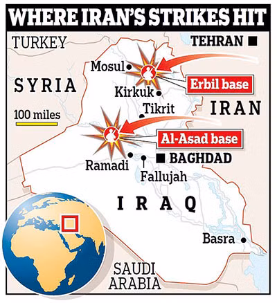 Mô phỏng vị trí tên lửa Iran tấn công các căn cứ có lính Mỹ đồn trú.