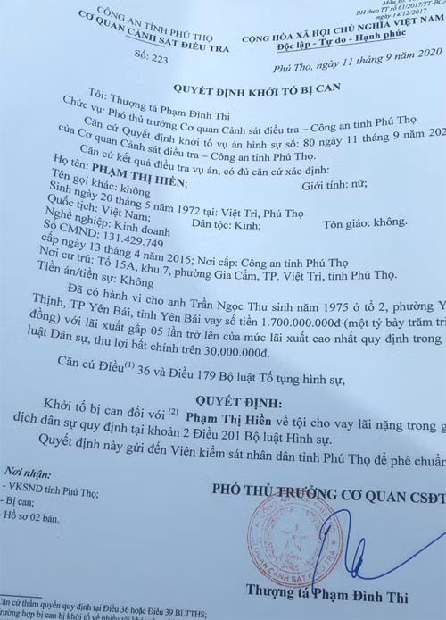 Quyết định khởi tố bị can đối với Phạm Thị Hiền.