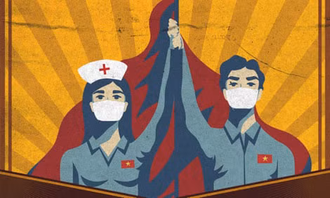 Tranh của Họa sĩ Lê Đức Hiệp tuyên truyền “Ở nhà là yêu nước”. Ảnh: Guardian. Tranh của Họa sĩ Lê Đức Hiệp tuyên truyền “Ở nhà là yêu nước”. Ảnh: Guardian.