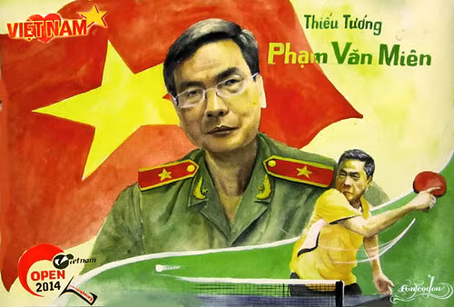 Bức họa Thiếu tướng Phạm Văn Miên, Tổng biên tập Báo CAND, Phó Chủ tịch Liên đoàn bóng bàn Việt Nam, Trưởng Ban tổ chức Giải.