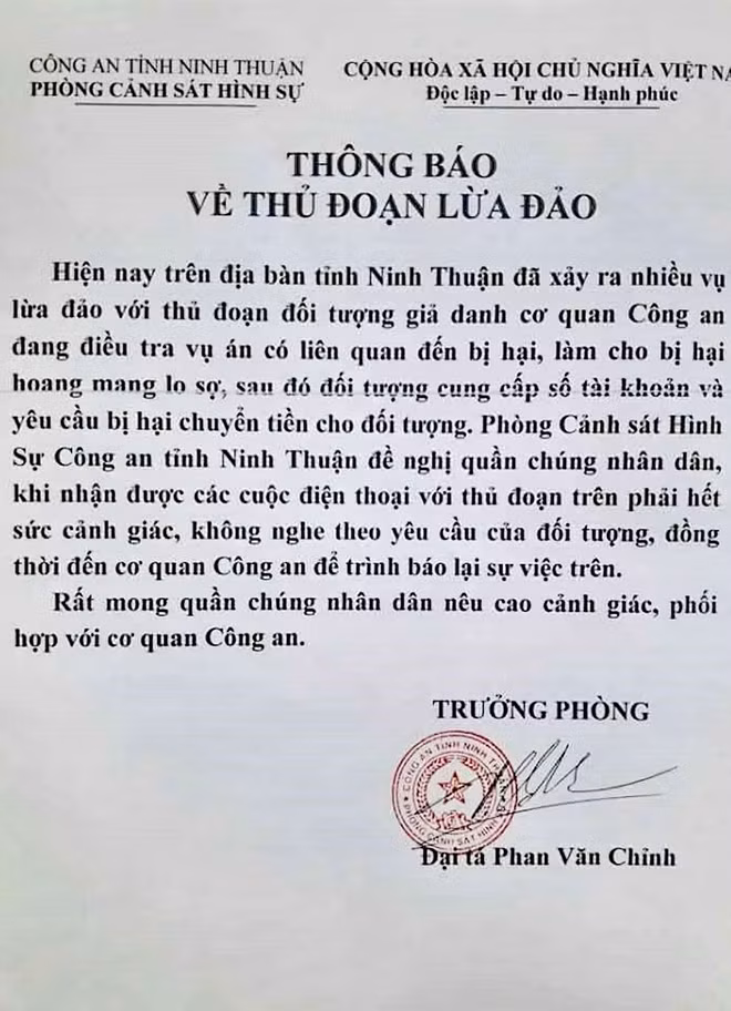 Thông báo của Công an tỉnh Ninh Thuận
