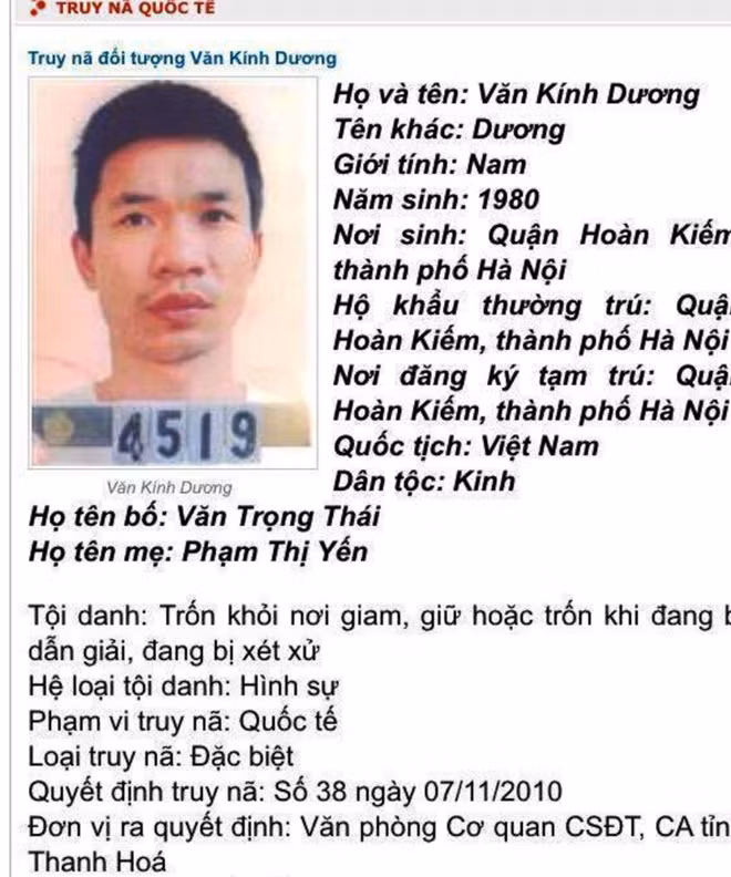 Lệnh truy nã "ông trùm" Văn Kính Dương