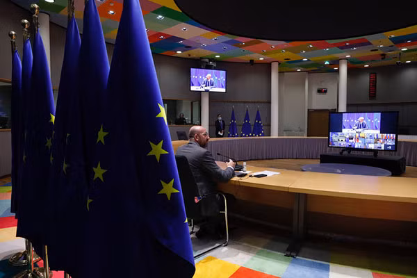 Chủ tịch Hội đồng châu Âu Charles Michel tham gia một cuộc họp thượng đỉnh trực tuyến với lãnh đạo các nước EU. Ảnh: EU.
