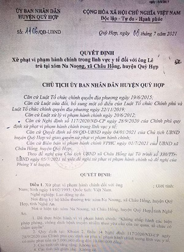 Quyết định xử phạt vi phạm hành chính của UBND huyện Quỳ Hợp đối với anh L.V.V.
