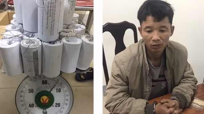 Trần Văn Huấn và số pháo nổ tự cuốn bị thu giữ .