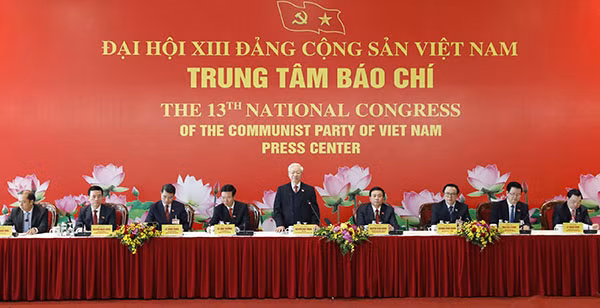Tổng Bí thư Nguyễn Phú Trọng chủ trì họp báo, thông báo kết quả Đại hội Đại biểu toàn quốc lần thứ XIII của Đảng, sáng 1-2-2021. Ảnh: Quang Phúc.