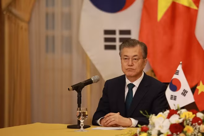Tổng thống Hàn Quốc Moon Jae-in tại cuộc họp báo.