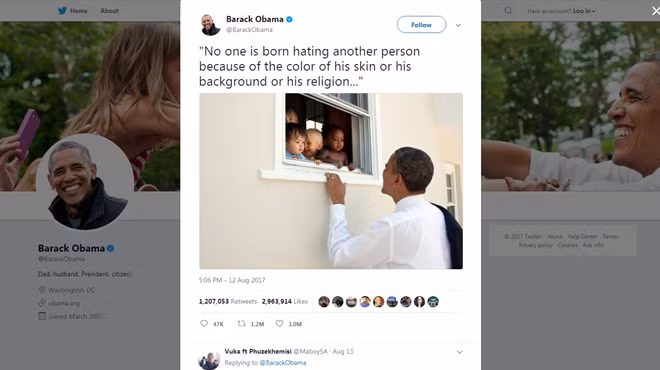 Bài tweet của ông Obama nhận hơn 3 triệu lượt thích