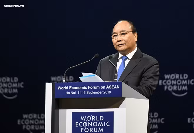 Thủ tướng Nguyễn Xuân Phúc phát biểu chào mừng khai mạc Hội nghị WEF ASEAN 2018. Ảnh VGP