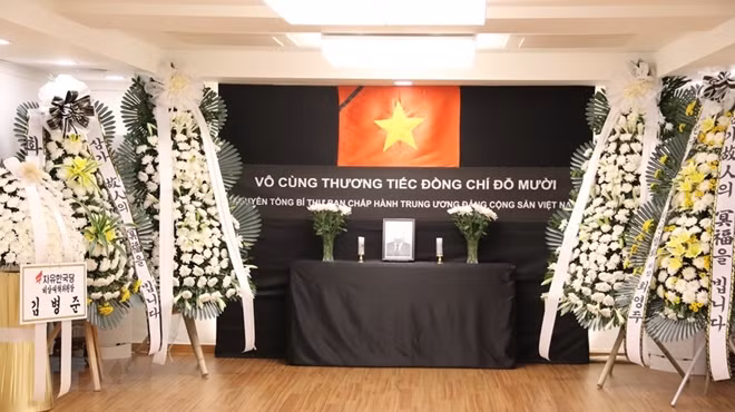 Đại sứ quán Việt Nam tại Hàn Quốc tổ chức viếng và mở sổ tang nguyên Tổng Bí thư Đỗ Mười. (Ảnh: TTXVN)
