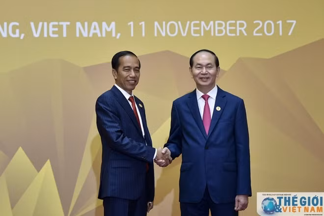 Chủ tịch nước Trần Đại Quang đón Tổng thống Indonesia Joko Widodo tại Hội nghị Thượng đỉnh APEC tổ chức tại Việt Nam, tháng 11-2017. Ảnh Thế giới và Việt Nam.