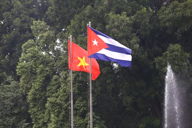 Lá cờ hai nước tung bay trong gió.