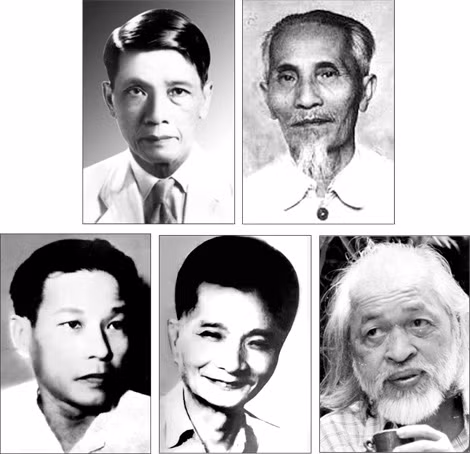 Từ trên xuống: Các nhà văn Đặng Thai Mai, Hoàng Ngọc Phách, Trần Thanh Mại, Hoài Thanh, Hoàng Trung Thông là những hội viên Sáng lập Hội nhà văn Việt Nam.