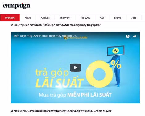 Ảnh chụp lại màn hình trên tạp chí Campaign Asia với bình chọn quảng cáo của Điện Máy Xanh đứng thứ hai trong top 10, trên cả quảng cáo của Nestle.