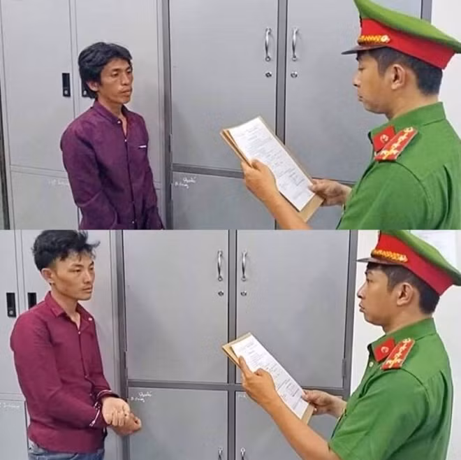 Điều tra viên Cơ quan CSĐT Công an TP Nha Trang công bố quyết định tạm giữ hình sự hai đối tượng Nguyễn Bá Tùng, Nguyễn Bá Sảng. Ảnh : Bá Khánh
