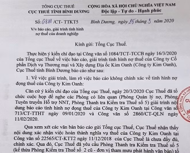 Báo cáo, giải trình của Cục Thuế tỉnh Bình Dương.