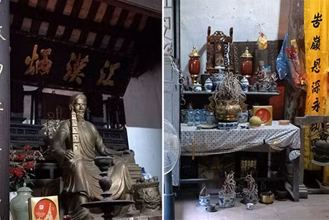 Tượng thờ danh nhân Nguyễn Siêu và những bát hương không đủ chỗ để.