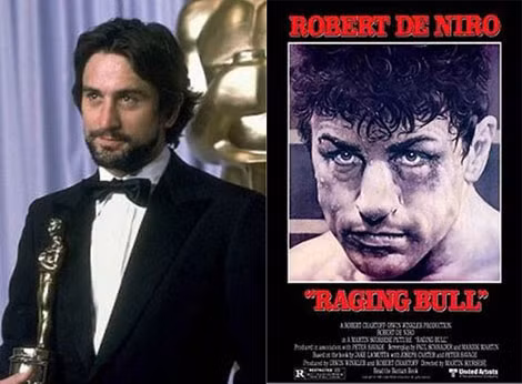 R. De Niro trong lễ trao giải Oscar năm 1973 (ảnh trái) và Poster phim “Raging bull”, bộ phim đem lại cho De Niro giải Oscar diễn viên chính xuất sắc nhất. R. De Niro trong lễ trao giải Oscar năm 1973 (ảnh trái) và Poster phim “Raging bull”, bộ phim đem lại cho De Niro giải Oscar diễn viên chính xuất sắc nhất.