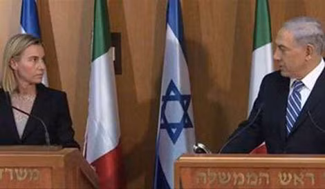Thủ tướng Israel Benjamin Netanyahu và quan chức phụ trách đối ngoại châu Âu Federica Mogherini tại cuộc họp ở Brussels. Ảnh: EIPA.