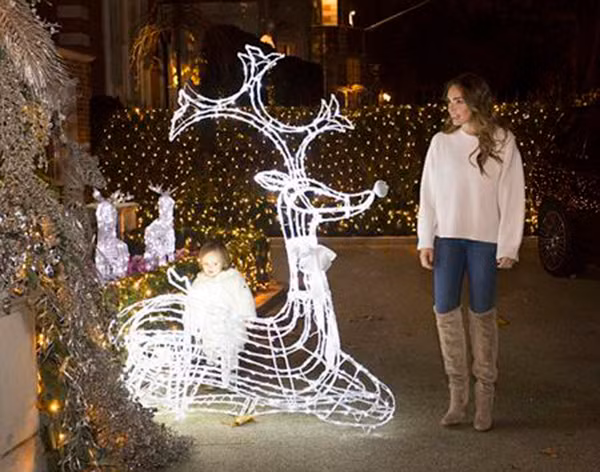 Cô cùng con gái chơi với cây thông Noel và cây Fifis phát sáng.