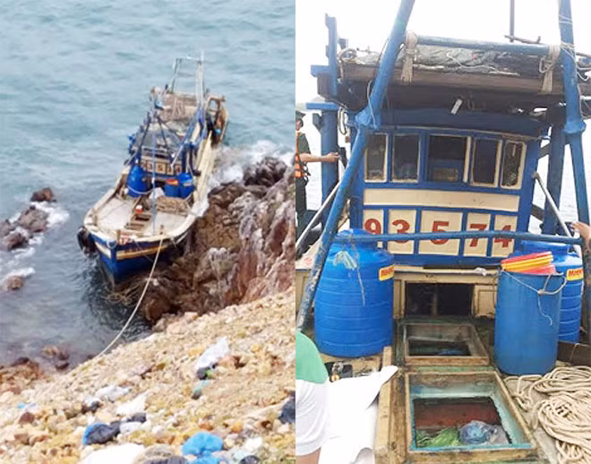 Tàu cá bị nạn tại khu vực xã An Sơn, huyện Kiên Hải (Kiên Giang), được Bộ đội Biên phòng Nam Du phát hiện. Tàu cá bị nạn tại khu vực xã An Sơn, huyện Kiên Hải (Kiên Giang), được Bộ đội Biên phòng Nam Du phát hiện.